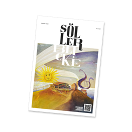 Ein künstlerisches Cover einer Zeitschrift mit einem hellen Sonnenmotiv und einer fantasievollen Landschaft. Die Farben sind lebhaft und erzeugen eine einladende Stimmung.