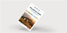 Ein Flyer mit der Aufschrift "Urlaub mit Hund" und einem Bild von einem Paar mit einem Hund in einer Landschaft. Der Hintergrund zeigt sanfte Hügel und eine entspannte, natürliche Atmosphäre.
