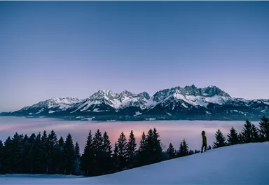Eine beeindruckende Winterlandschaft mit schneebedeckten Bergen und einem hohen Aussichtspunkt. Der Himmel ist in sanften Farben beleuchtet und Nebel zieht durch das Tal.