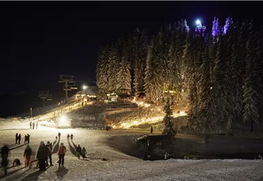 Eine winterliche Berglandschaft bei Nacht, erleuchtet von Lichtern. Menschen genießen die schneebedeckten Hänge und die verschneiten Bäume.