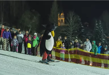 A penguin in a costume is skiing on a snowy slope. A crowd of spectators is watching eagerly.