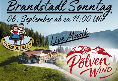 Ein einladendes Veranstaltungsplakat für den Brandstadt Sonntag. Es zeigt eine malerische Berglandschaft mit einer gemütlichen Berghütte und Informationen über Live-Musik und den Veranstaltungstermin.