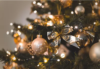 A festively decorated Christmas tree with shiny ornaments and lights. The tree is adorned with a metal ribbon.