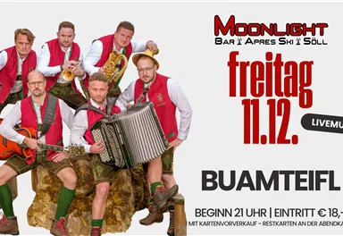 Eine Band, die traditionelle Musik spielt, posiert in Trachten. Das Konzert findet am Samstag, den 13. Dezember, in der Moonlight Bar statt.