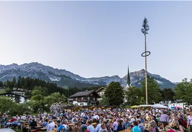 A large crowd gathers in a picturesque mountain village. In the background, the mountains and a church are visible, while a Maypole is being erected.