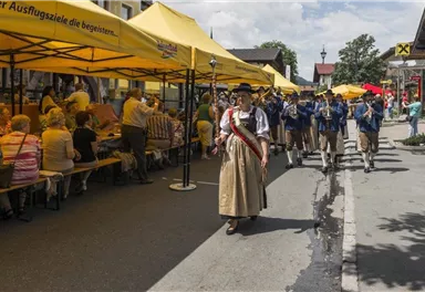 A festive market day with colorful tents and many visitors. A person in traditional attire walks past a group of musicians.