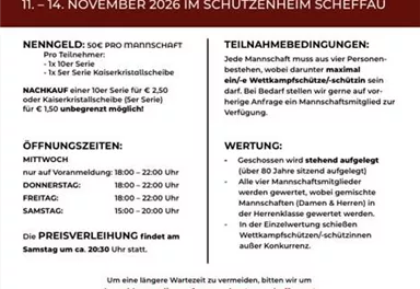 Invitation to the club and team shooting from November 12 to 15, 2025, at the shooting range in Scheffau. Contains information on participation requirements and opening hours.