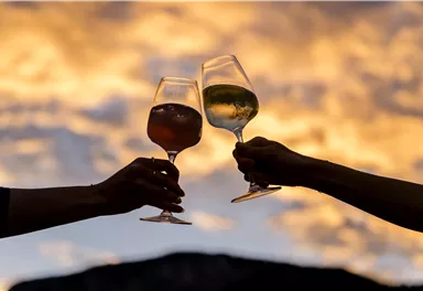 Two glasses are raised for a toast, silhouetted against a colorful sunset. The scene conveys a festive and sociable atmosphere.