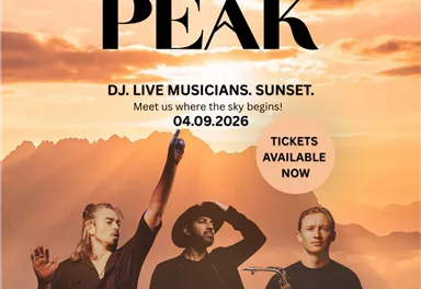 Ein Eventplakat mit dem Titel "PEAK". Es zeigt Musiker bei Sonnenuntergang und bewirbt das Datum und den Ticketverkauf.