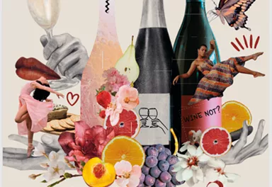 Eine kreative Collage mit Flaschen, Weingläsern und verschiedenen Früchten. Der Text "Schlürf & Schlemmen" betont das Thema Genuss und Wein.