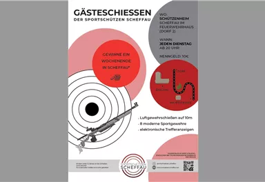 A promotional poster for the guest shooting event of the Scheffau sports shooters. It displays information about events and opportunities to participate in a shooting competition.