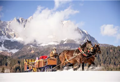 Eine Pferdeschlittenfahrt durch eine verschneite Landschaft. Im Hintergrund sind beeindruckende Berge und ein blauer Himmel zu sehen.