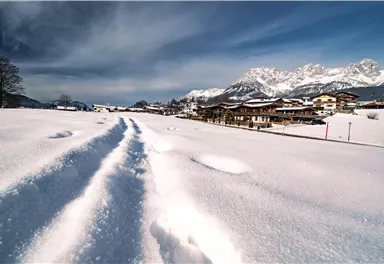 Eine winterliche Landschaft mit schneebedeckten Feldern und Bergen im Hintergrund. Im Vordergrund sind Spuren im Schnee sichtbar.