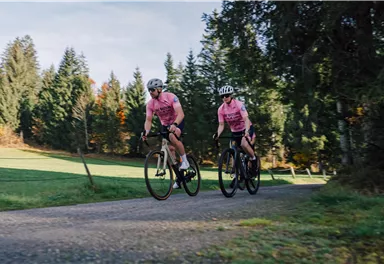 Two cyclists in pink jerseys are riding on a gravel path. In the background, green meadows and trees can be seen.