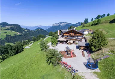 Eine malerische Almhütte umgeben von grünen Wiesen und Bergen. Der Spielplatz und die Freizeitmöglichkeiten laden zum Entspannen ein.