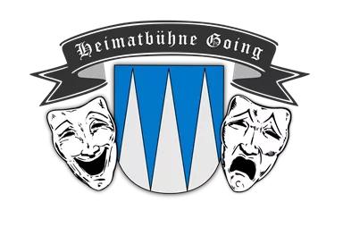 A logo of the Heimatbühne Going featuring two theater masks representing joy and sadness. In the background, there is a coat of arms with blue and white elements.