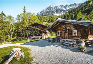 Ein malerisches Almdorf mit traditionellen Holzhäusern. Im Hintergrund sind grüne Wälder und schneebedeckte Berge zu sehen.