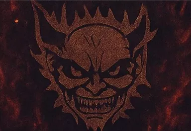 Ein bedrohliches Logo mit einem furchtbaren Gesicht und scharfen Spitzen. Der Hintergrund ist dunkel mit glühenden roten und orangefarbenen Elementen.