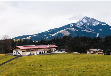 A picturesque landscape painting with a farmhouse in the foreground and a majestic mountain in the background. The sky is cloudy and the meadows are green.