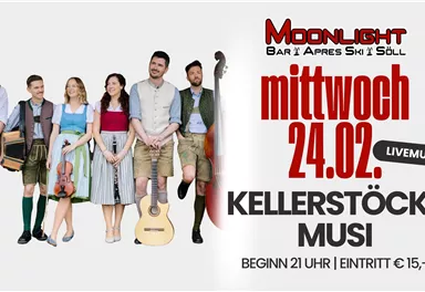 Eine Veranstaltungsankündigung für ein Live-Musik-Event. Fünf Musiker mit unterschiedlichen Stilen und Accessoires sind abgebildet.