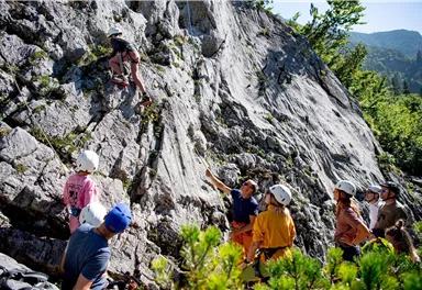 A group of people is watching a climber on a rock face. The background features green trees and mountains outdoors.