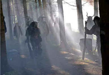 Eine düstere Waldszene mit mysteriösen Figuren, die zwischen den Bäumen erscheinen. Lichtstrahlen brechen durch den Nebel und schaffen eine geheimnisvolle Atmosphäre.