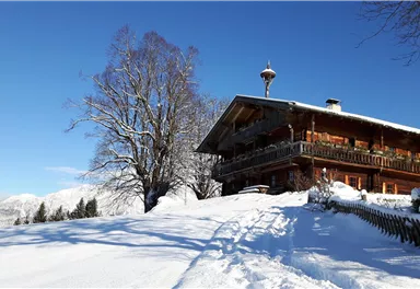 A picturesque house in the snow, surrounded by a tranquil winter landscape. The clear blue sky complements the idyllic scene.