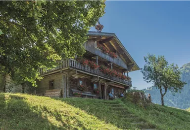 A charming wooden house surrounded by greenery. On the balcony, many flowers are blooming and a clear blue sky can be seen.