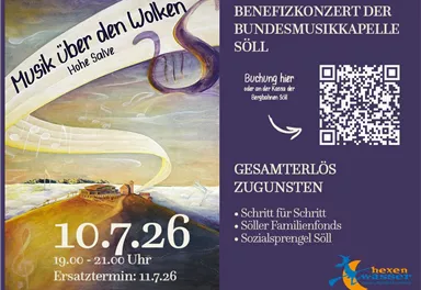 Ein Plakat für ein Benefizkonzert der Bundesmusikkapelle Söll. Es zeigt Informationen über das Event und den Gesamterlös, der verschiedenen Wohltätigkeitszwecken zugutekommt.