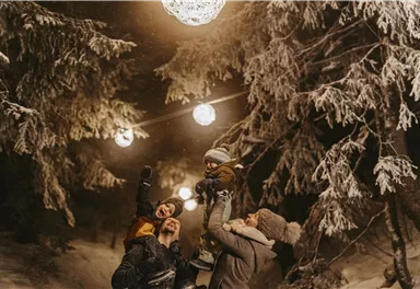 A cheerful family playing in the snow under glowing lights. Snow-covered trees are visible behind them.
