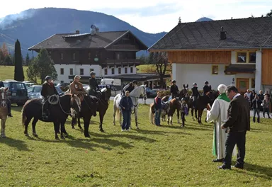 A group of people standing on horses gathers in a meadow. In the foreground, two individuals are talking while others watch.