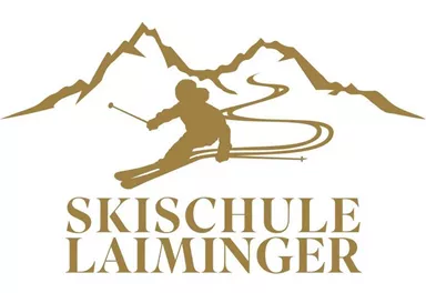 Das Logo der Skischule Laiminger zeigt einen Skifahrer vor einer Bergsilhouette. Darunter steht der Schriftzug "SKISCHULE LAIMINGER" in goldener Schrift.
