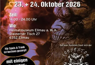 Eine Ankündigung für eine Maskenausstellung am 23. und 24. Oktober 2026. Die Veranstaltung findet im Heimatmuseum Ellmau statt und verspricht verschiedene Krampus-Gruppen aus der Umgebung.