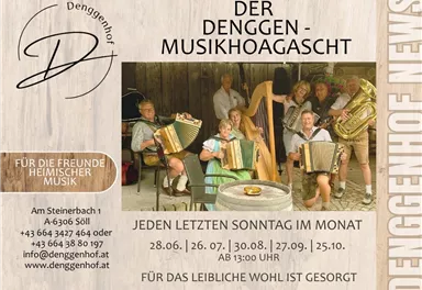 Ein Plakat für die B&B Pension Denggenhof mit Informationen zu einem musikalischen Event. Es zeigt Instrumente und Fotos einer Gruppe in einer ländlichen Umgebung.