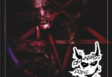 A dark image with a red pentagram shape and grotesque faces. In the lower corner, there is a prominent logo.