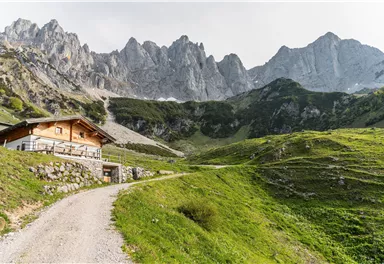 A picturesque mountain village with a wooden house is situated in a green landscape. In the background, tall mountains rise under a clear sky.