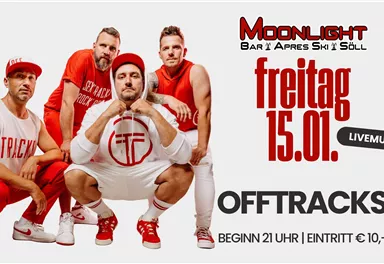 Eine Band namens Offtracks posiert in sportlicher Kleidung. Das Bild bewirbt ein Live-Musik-Event in der Bar Moonlight am Freitag, den 09.01.