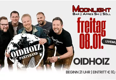 Eine Band namens OIDHOIZ tritt im Moonlight Bar in Söll auf. Das Event findet am Freitag, den 13. Februar, um 21 Uhr statt.