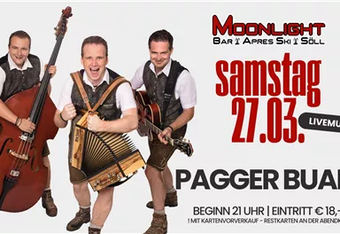 Eine Band, die traditionelle Musik spielt, posiert in Trachten. Das Konzert findet am Samstag, den 13. Dezember, in der Moonlight Bar statt.