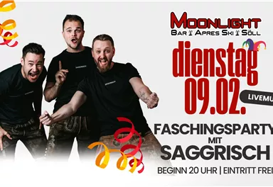 Eine Gruppe von vier Musikern präsentiert sich fröhlich für eine Faschingsparty. Die Einladung informiert über das Event mit Livemusik am 17. Februar in der Moonlight Bar.