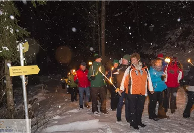 Eine Gruppe von Menschen wandert nachts mit Fackeln durch einen schneebedeckten Wald. Es schneit leicht, und im Hintergrund sind Bäume und Wegweiser sichtbar.