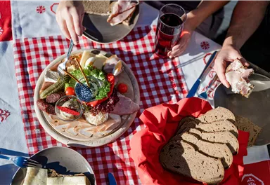 Ein bunter Teller mit verschiedenen Wurst- und Käseaufschnitten, frischem Gemüse und Brot. Im Hintergrund sind Getränke und weitere Speisen auf einem karierten Tisch zu sehen.