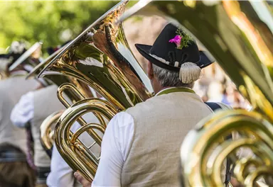 A group of musicians is playing wind instruments in traditional clothing. Beautiful green spaces are visible in the background.