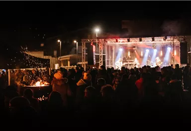 A lively open-air event with a large crowd. Musicians are playing on stage at night, surrounded by colorful lights.