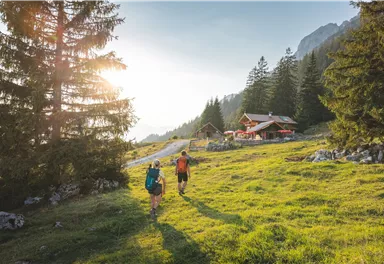 Zwei Wanderer gehen auf einem schmalen Weg durch eine grüne Wiese. Im Hintergrund sind Bäume und ein gemütliches Chalet zu sehen, während die Sonne scheint.