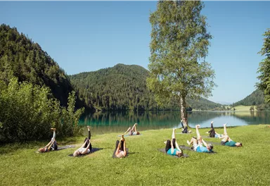 Eine Gruppe von Menschen macht Dehnübungen auf einer grünen Wiese neben einem klaren See. Im Hintergrund sind bewaldete Hügel und ein blauer Himmel zu sehen.