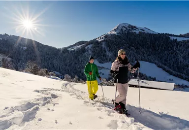 Two people are hiking in the snow in the mountains. The sun is shining brightly and the sky is blue.