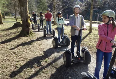 Eine Gruppe von Menschen fährt auf Segways in der Natur. Die Sonne scheint, und es gibt Bäume im Hintergrund.