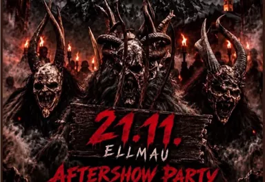 Ein düster gestaltetes Plakat für die Aftershow-Party des Showlaufs "Koasastoa Pass" in Ellmau. Es präsentiert gruselige Motive und wichtige Informationen zum Event am 21.11.
