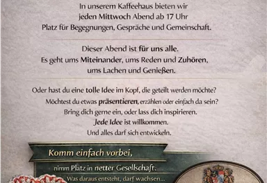 Ein Werbeplakat für einen Singles Day und Stammtisch. Es lädt zum Treffen und zur geselligen Interaktion in einem Café ein.